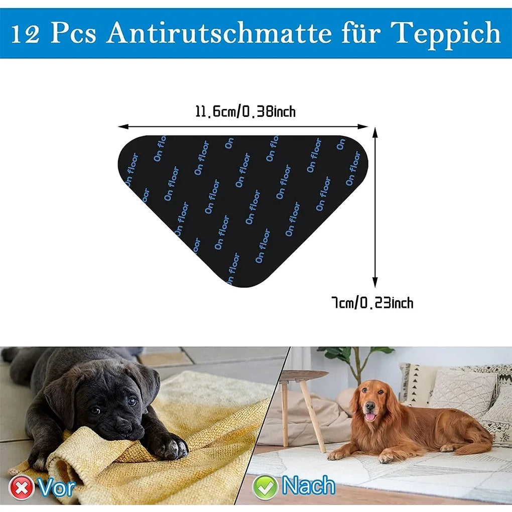 A set of 12 non-slip rug grippers for carpets shown with a dog and a golden retriever.