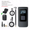 A portable wireless tire inflator device with a digital display and various accessories shown on a white background.