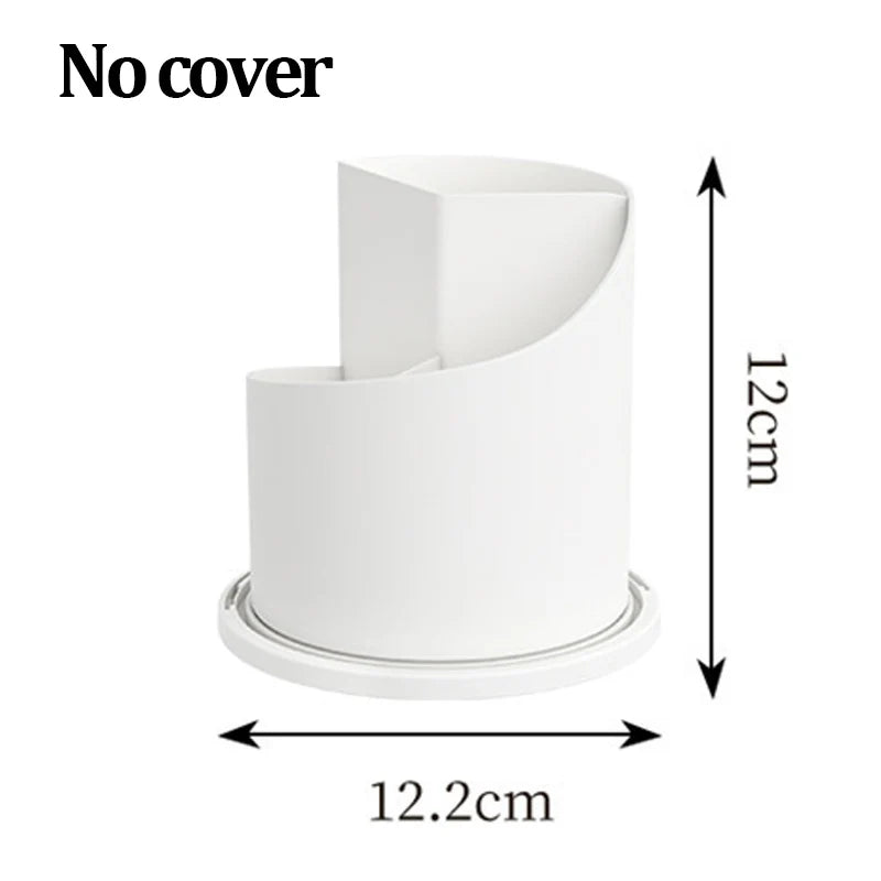 White 360° rotating makeup brush holder with a dustproof lid shown from the side.