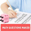 A hand is writing on a sheet of paper using a pink roller stamp, demonstrating math practice.