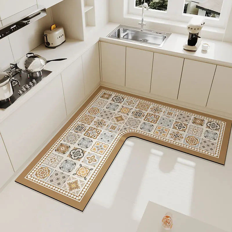 L-shaped crystal velvet kitchen mat with non-slip backing placed on a white countertop.