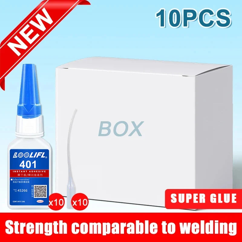 Eine Box mit 10 Stück blauer Klebstoff und einer Pipettflasche LOOLIF 401 für Schweißanwendungen.