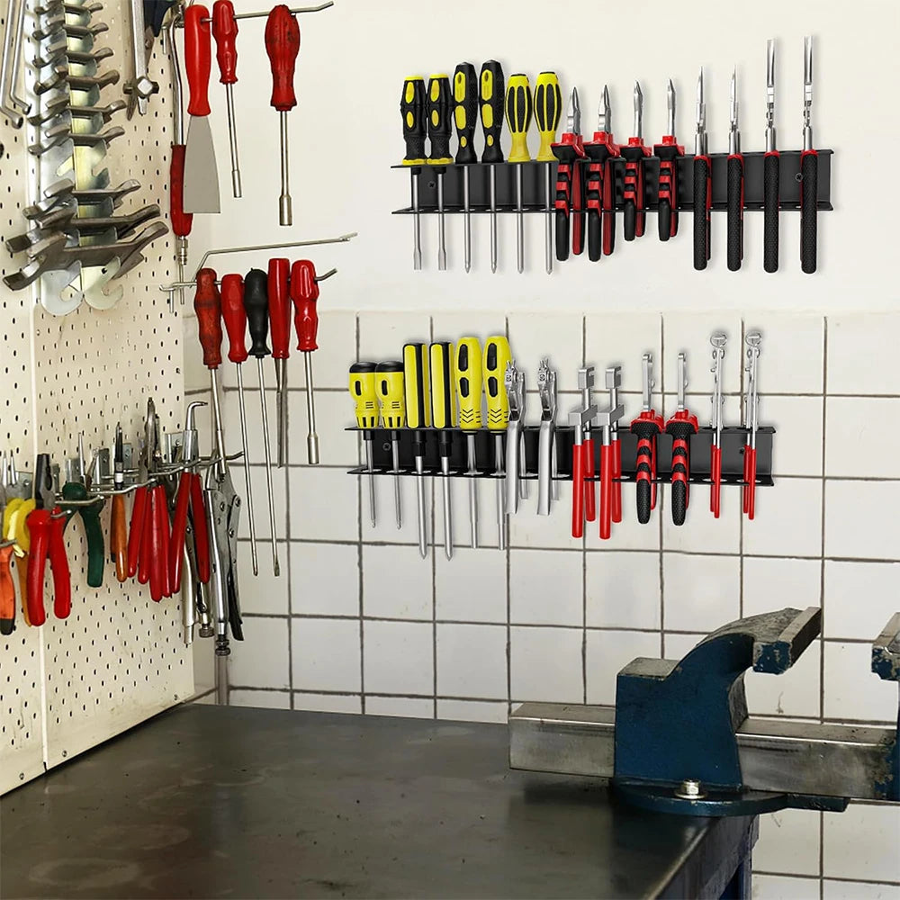 A wall mounted tool storage rack displaying various red and yellow hand tools for professional use.