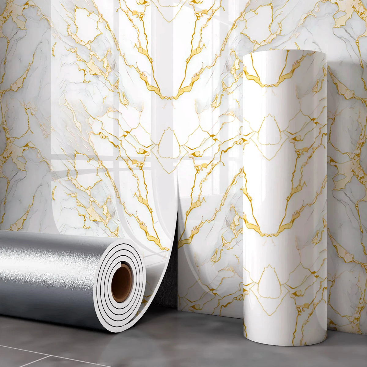 Rolls of silver and white marble peel-and-stick wall panels displayed against a marbled background.