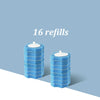 A set of 16 blue disposable toilet cleaning brushes stored in a cylindrical base.