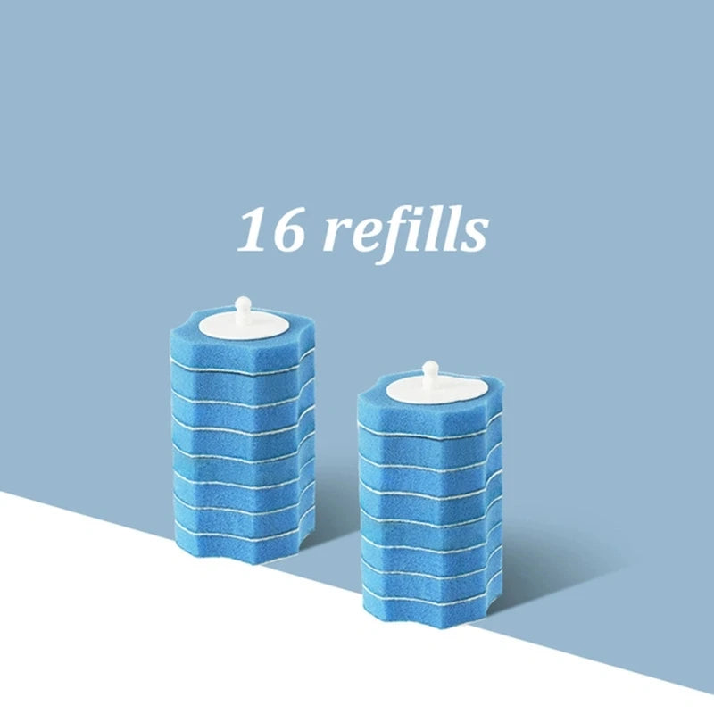 A set of 16 blue disposable toilet cleaning brushes stored in a cylindrical base.