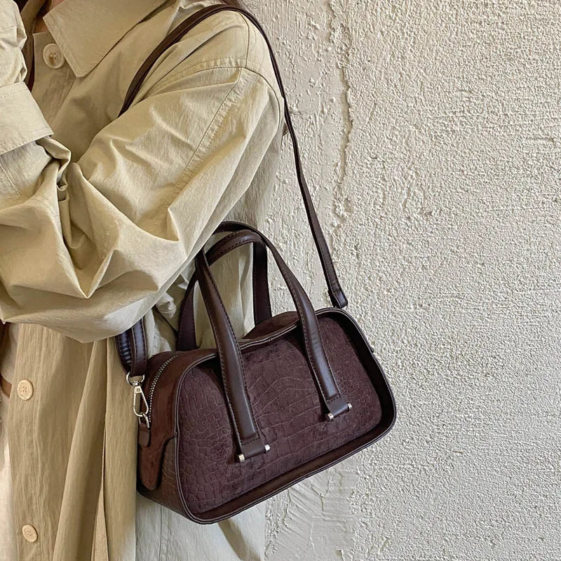 Vintage Croc-Embossed Mini Boston Bag with Dual Straps