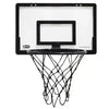 A portable mini basketball hoop set with a rectangular backboard and a black net.
