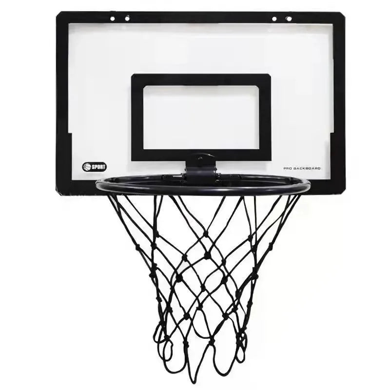 A portable mini basketball hoop set with a rectangular backboard and a black net.