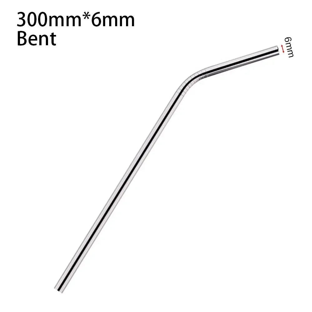 A bent stainless steel straw measuring 300mm by 6mm.