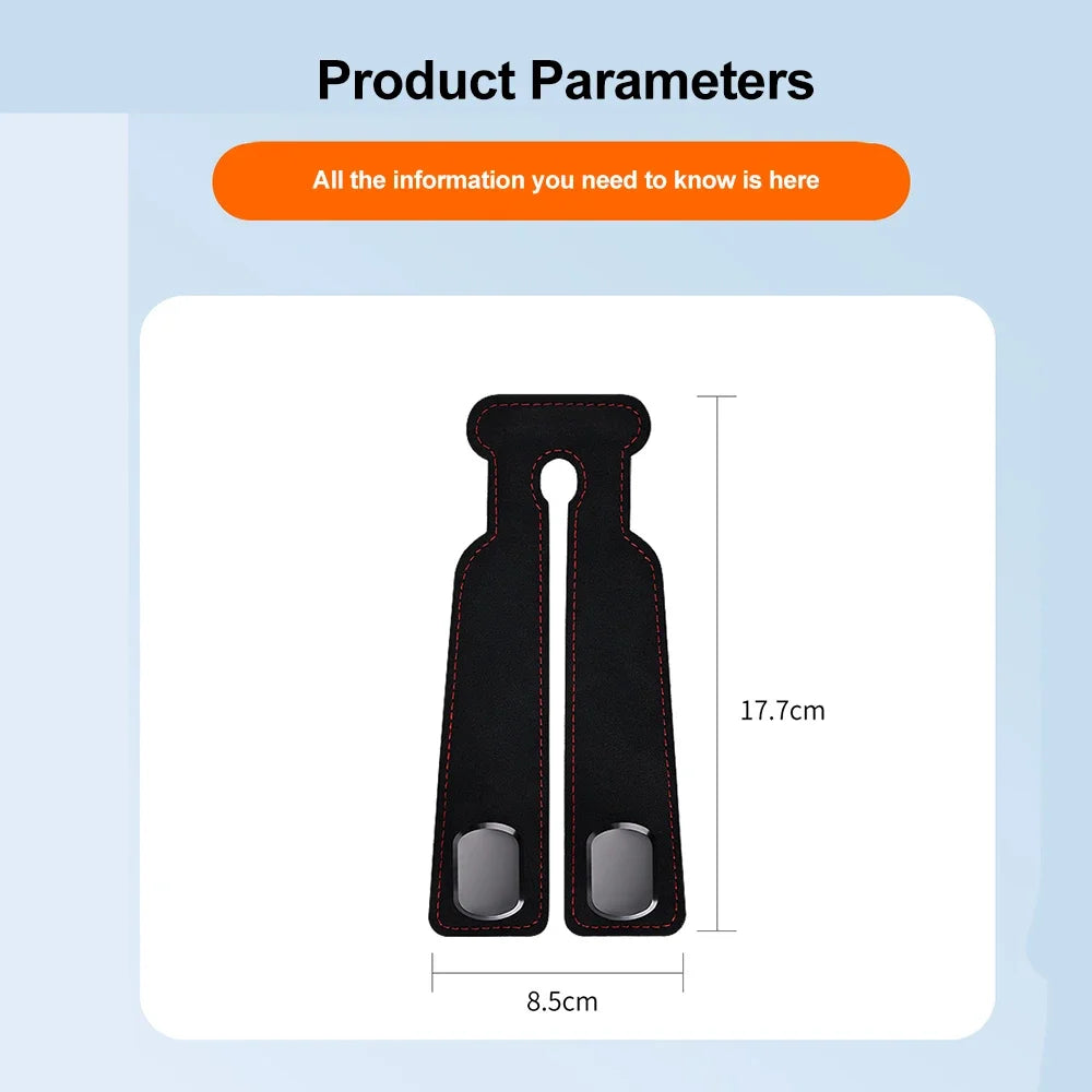 A black car seat back hook with a suede finish, shown in a vertical view.