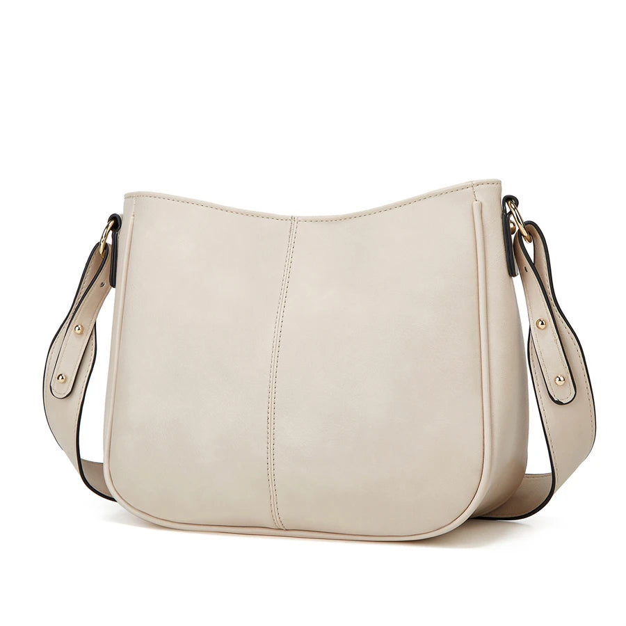 A beige classic PU leather crossbody shoulder bag with a smooth finish and gold-toned hardware.