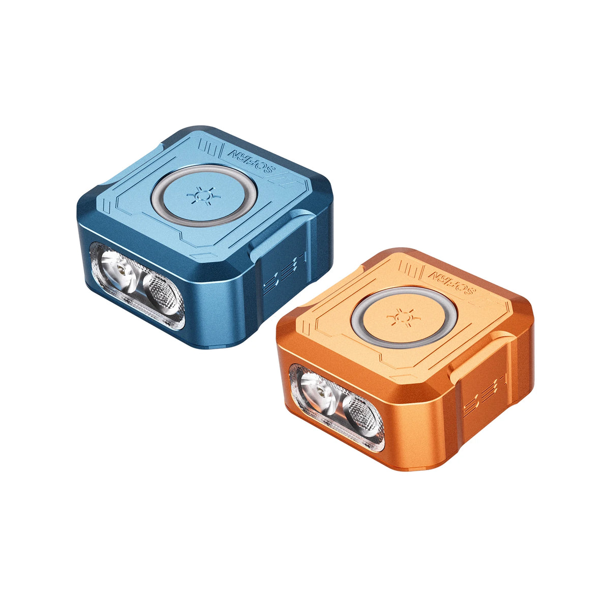 A pair of Sofirn SE1 pocket EDC flashlights, one blue and one orange, showing the front lens and signal ring.