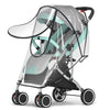 A gray and teal universal waterproof stroller rain cover with a transparent shield and black frame.