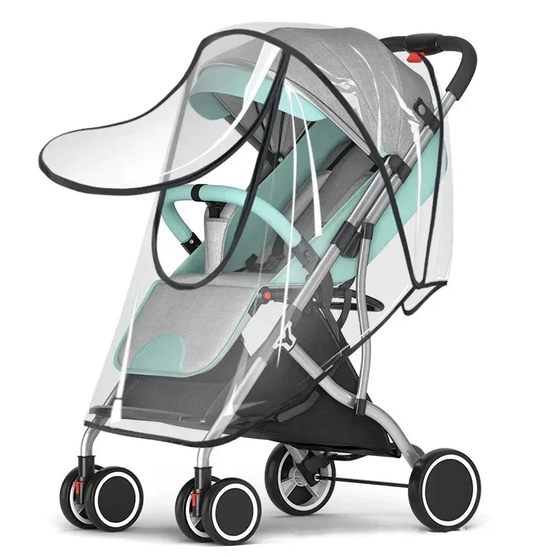 A gray and teal universal waterproof stroller rain cover with a transparent shield and black frame.