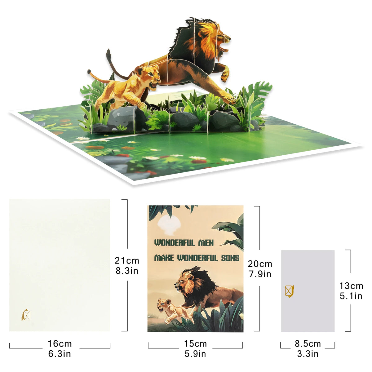 A 3D pop-up Father's Day greeting card featuring a lion and a cub in a natural setting.