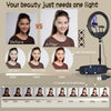 Comparison image showing before and after skin lighting results using an adjustable ring light with tripod and phone holder.