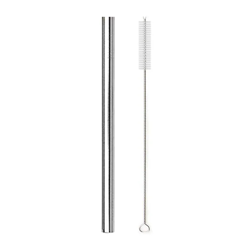 A reusable 304 stainless steel drinking straw with a cleaning brush.