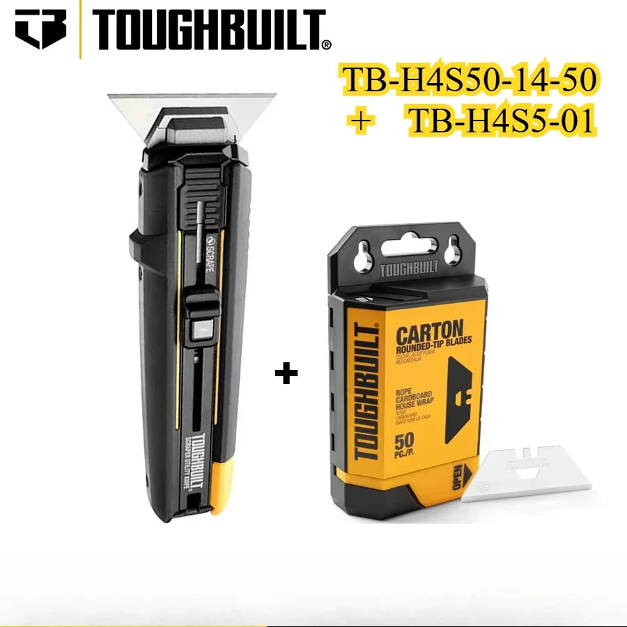 A ToughBuilt HB-H4S50-14-50 utility knife blade set with a dispenser case and spare blade.