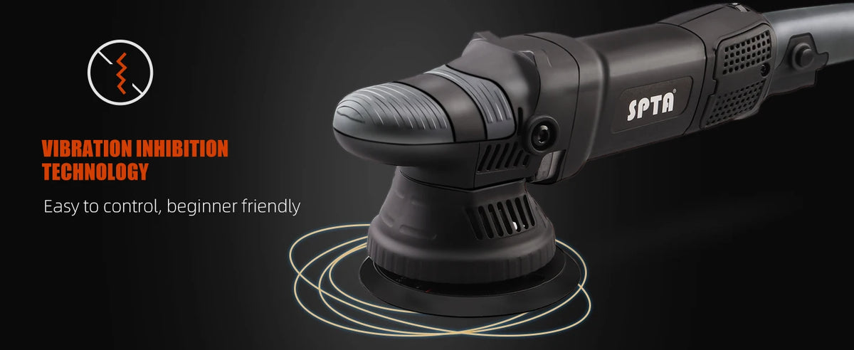 A black dual action polisher with an orbit attachment is shown against a dark background, highlighting vibration inhibition t