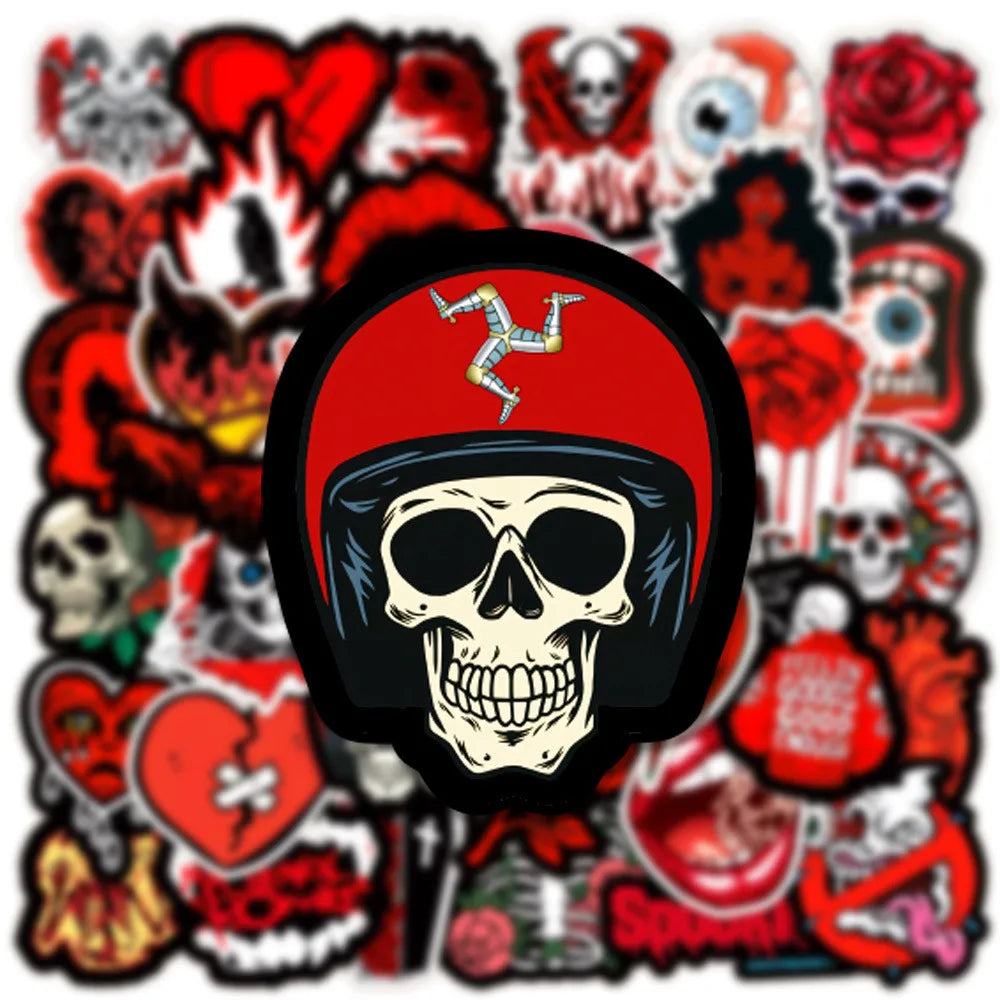 A collection of gothic skull stickers featuring various skulls, roses, and dark imagery on a black background.