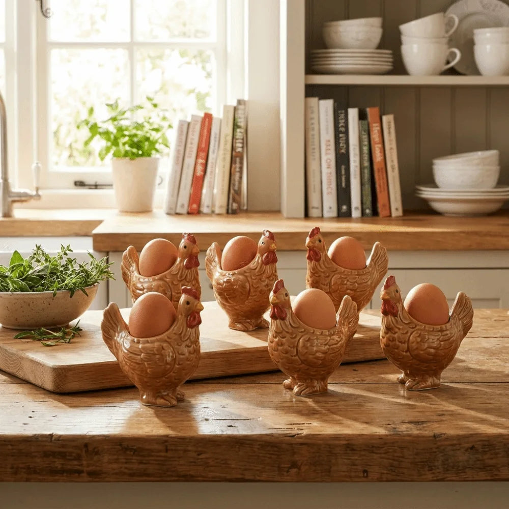 A set of charming ceramic chicken egg cups filled with brown eggs displayed on a wooden cutting board.
