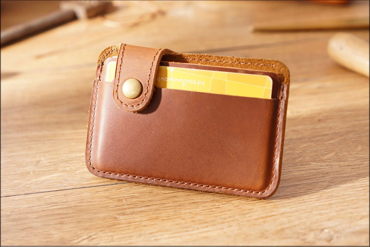 Vintage Leather Slim Card Holder with Snap Closure