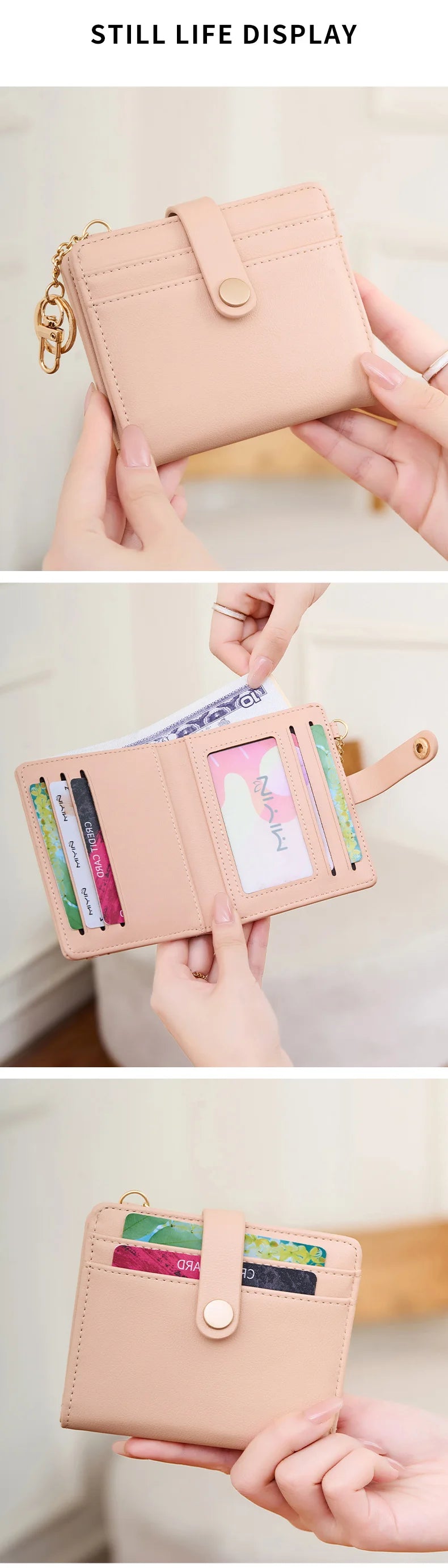 A light pink bi-fold credit card wallet with a leather strap and colorful cards is displayed in a hand.