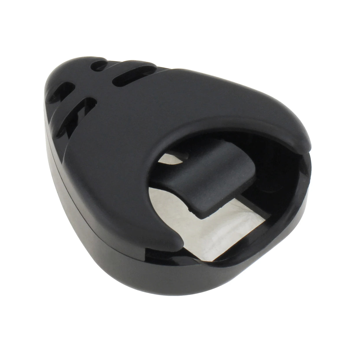 Black adhesive guitar pick holder designed to secure and store celluloid picks.