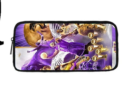 A purple and gold kids basketball backpack set featuring a lunch bag and pencil case.