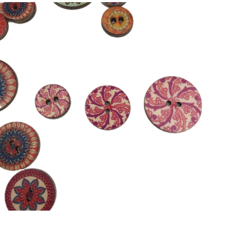 Vintage Wooden Buttons Assortment with Floral Designs