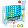 A light blue outdoor game set featuring a basketball hoop and ring toss game with various colored rings.