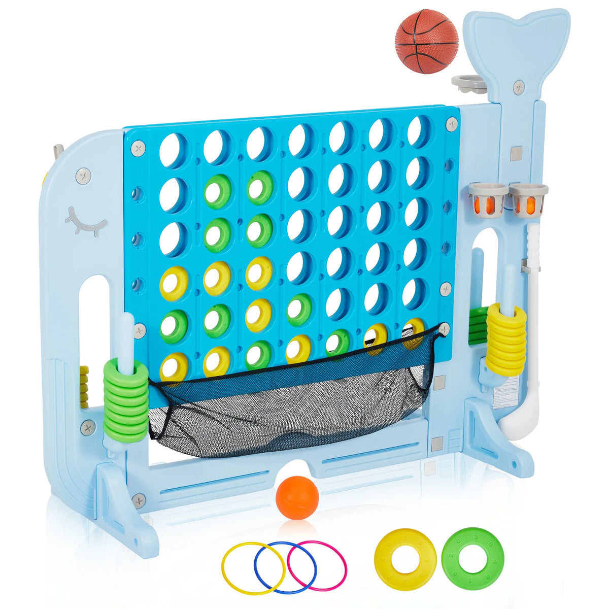 A light blue outdoor game set featuring a basketball hoop and ring toss game with various colored rings.