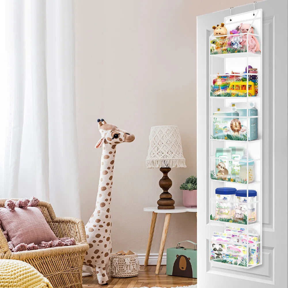 Over-the-door hanging organizer with clear compartments displaying various stuffed animals and toys
