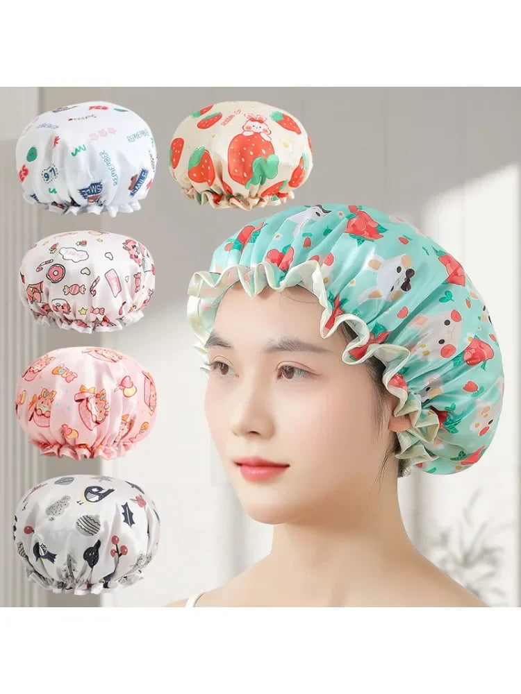 A woman is wearing a floral patterned reusable waterproof shower cap for hair care, with several variations shown nearby.