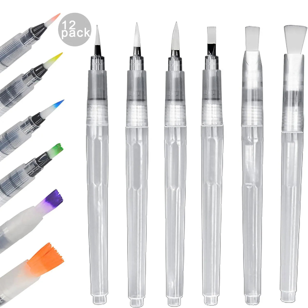 A collection of eighteen fine tip watercolor brush pens in various colors and tips.
