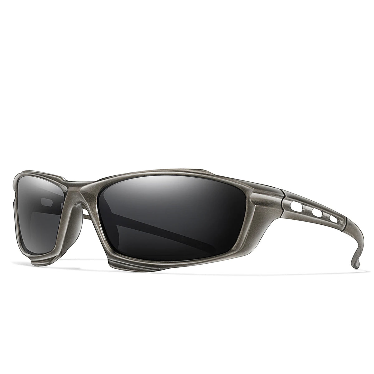 A pair of brown polarized sports sunglasses with dark lenses and a flexible arm.