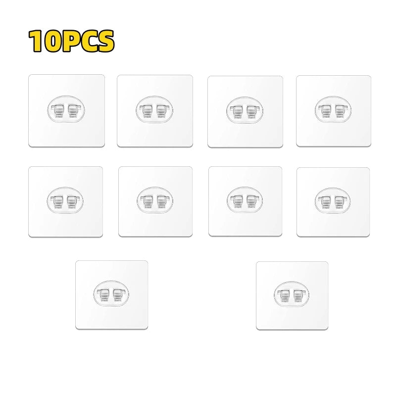 A set of ten pairs of no-drill adhesive hooks with a strong grip shown in various layouts.