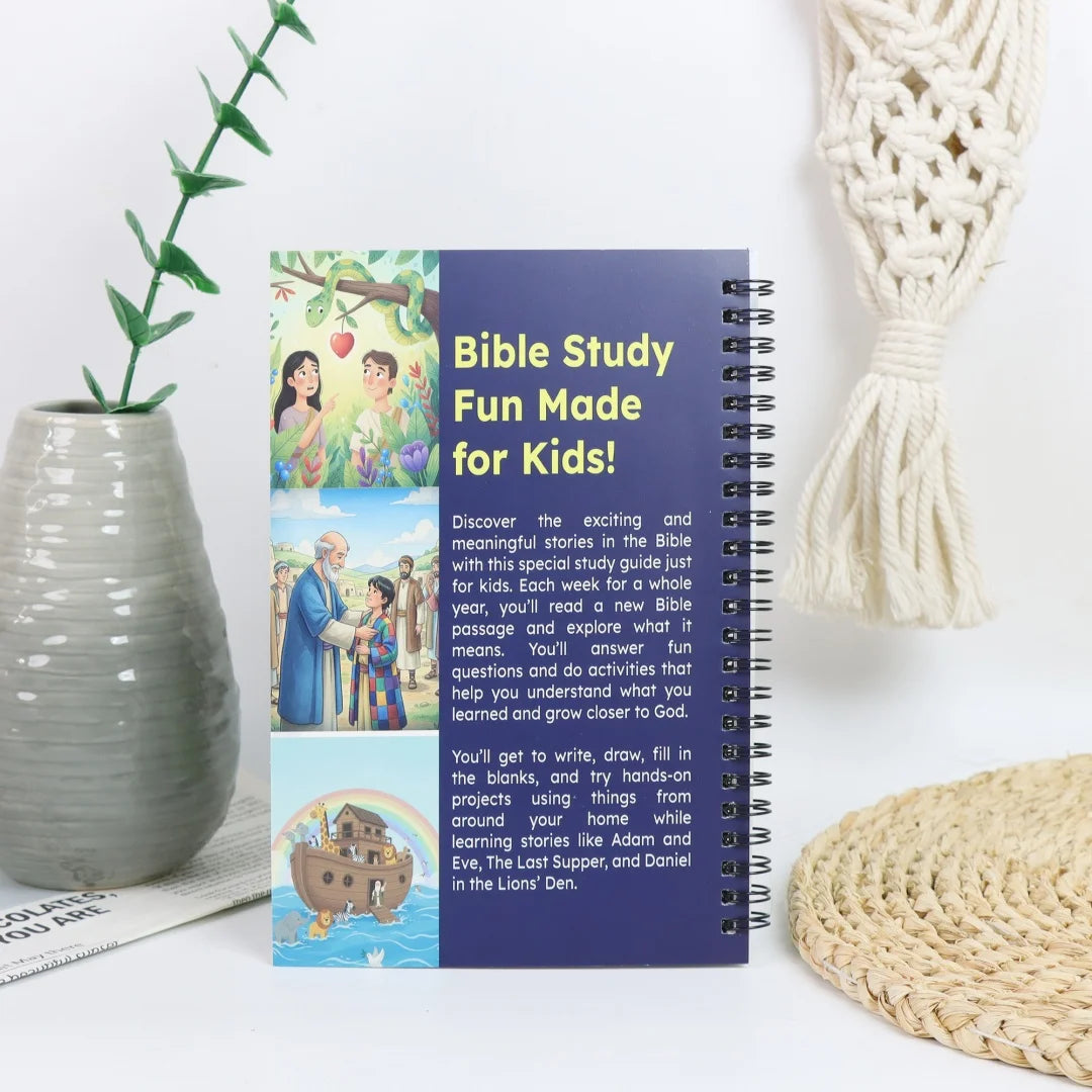 A purple and green Bible study book for kids featuring faith-building lessons and activities.