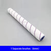 A roll of white paint brushes with purple tips is shown diagonally on a gray background.