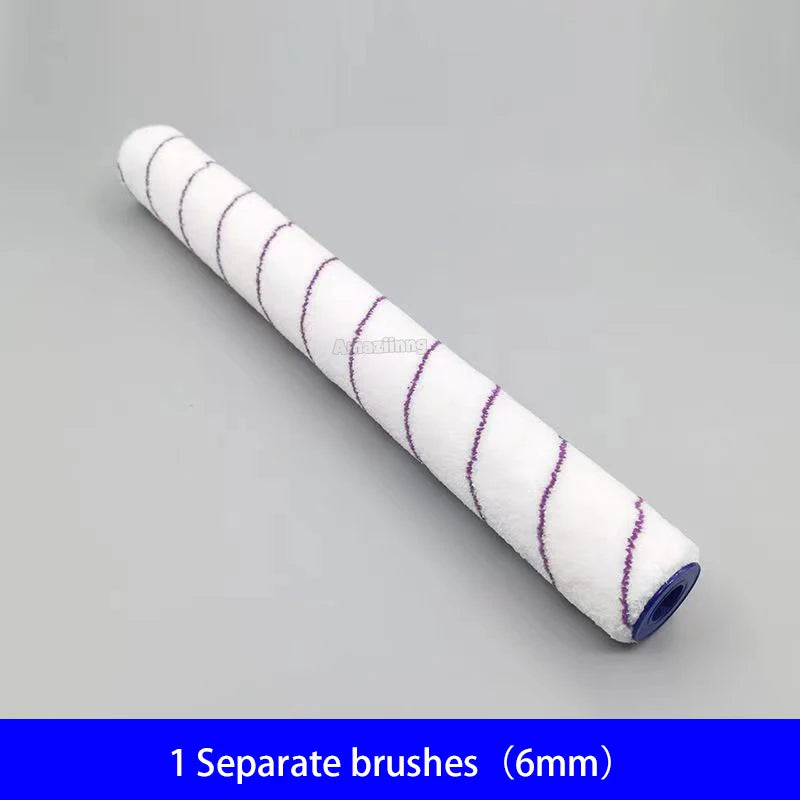 A roll of white paint brushes with purple tips is shown diagonally on a gray background.