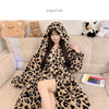 Women's Leopard Print Hooded Flannel Bathrobe