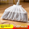 A white disposable broom cover made of sheer fabric is shown on a wooden floor.