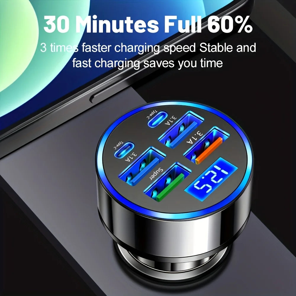 A close-up view of a silver car charger with six ports, including dual Type-C ports and a digital display.