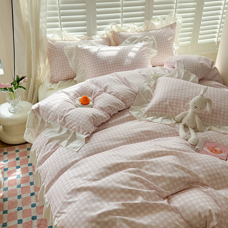 Pink Checkered Lace Duvet Cover Set (3 Pieces)