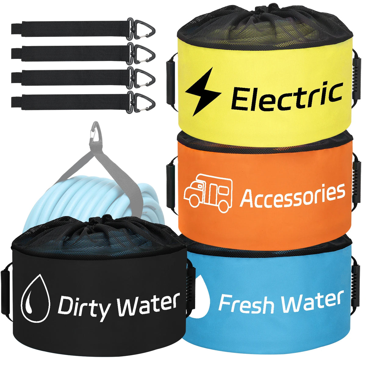 Four waterproof storage bags for RV hoses and gear in black, yellow, orange, and blue colors.