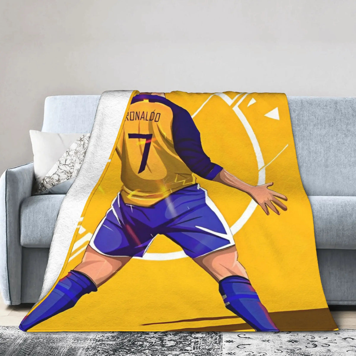 Gelbes Fußballspieler-Grafikdecke mit Trikot und Nummer 7