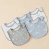 A collection of light blue and gray cotton baby bibs with U-shaped openings and small animal designs.