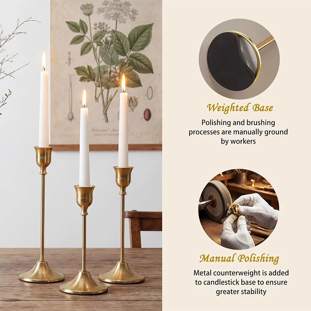 Set of 6 Gold Brass Taper Candle Holders with Weighted Base