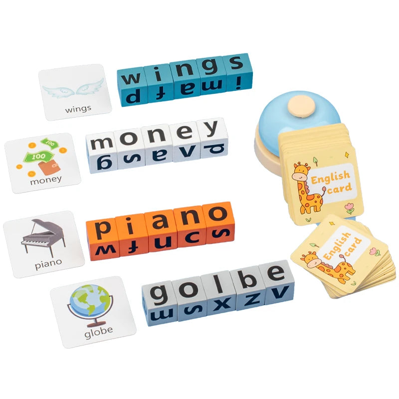 A set of wooden spelling word game blocks featuring words like wings, money, piano, and globe.